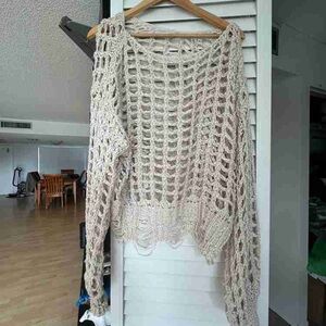 Elegant Beige Open-Knit Women's Sweater